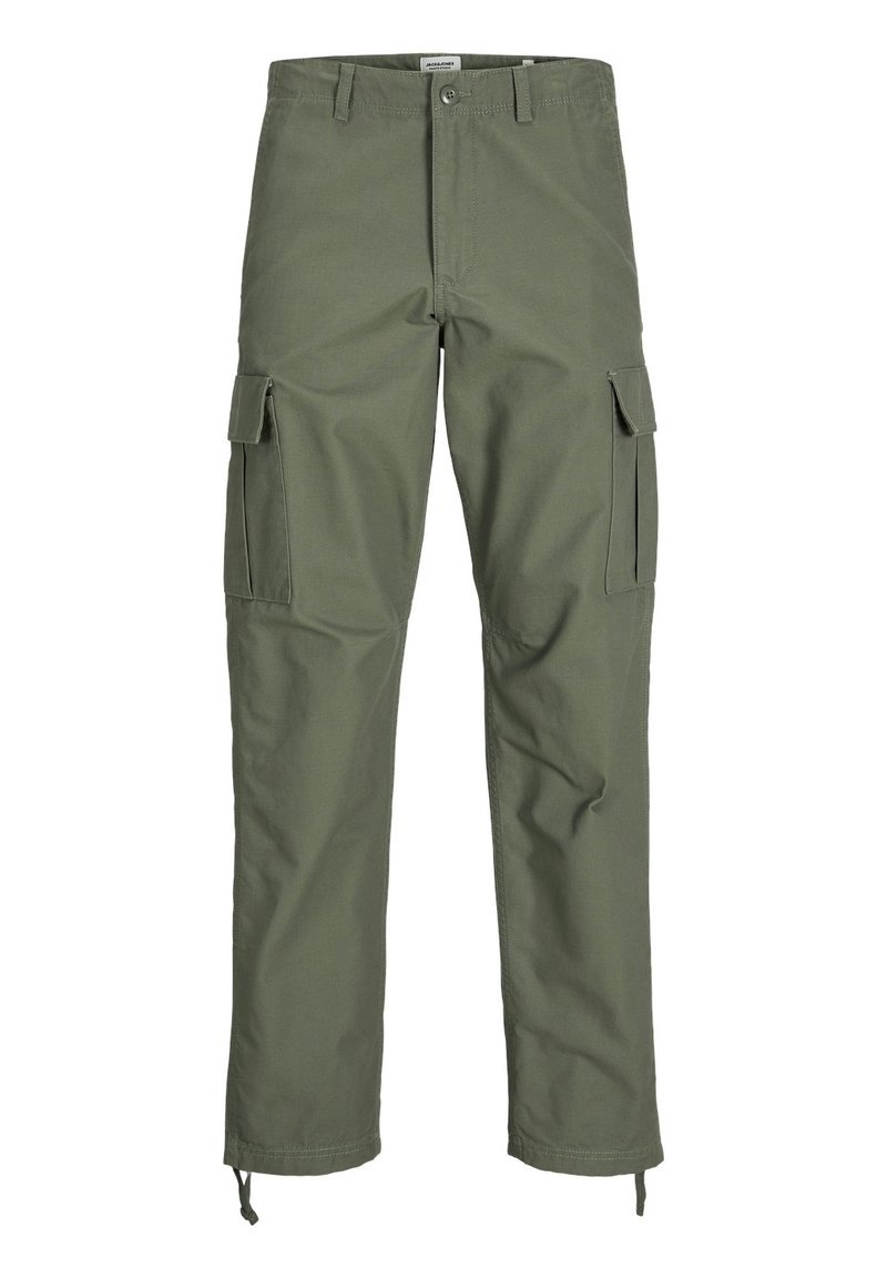 Pantaloni cargo verde oliva realizzati in misto cotone, con più tasche laterali, design a gamba dritta e coulisse regolabili ai polsini.