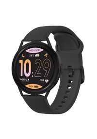 Smartwatch with a round black face, silicone strap, digital display showing time, date, temperature, steps, heart rate, and battery level.