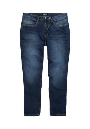 Donkerblauwe denim jeans met een rechte pasvorm, vijf-pocket ontwerp en contrasterende stiksels. De stof heeft een lichte vervaging en een gladde textuur.