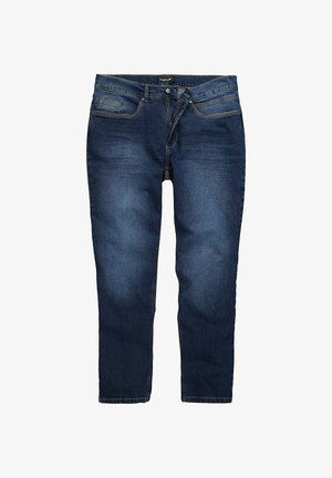 Jeans in denim blu scuro con taglio dritto, design a cinque tasche e cuciture a contrasto. Il tessuto presenta un leggero sbiadimento e una superficie liscia.