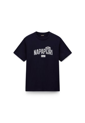 Navy blue cotton T-shirt with short sleeves, features white “NAPAPIJRI” logo and additional detailing on the front. Classic crew neckline.