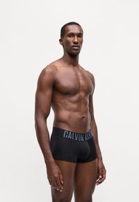 Črne bokserice z sivo elastično pasom z napisom "CALVIN KLEIN". Imajo prilegajoč dizajn, gladko tkanino in srednje dolžino.