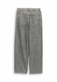 Jeans din denim gri cu picior larg, cu talie înaltă, prezentând un închidere cu buton, design cu cinci buzunare și detalii cu tiv nefinisat.