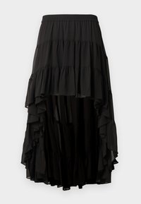 Jupe noire asymétrique à plusieurs couches avec des volants, dotée d'une taille élastique, fabriquée en tissu léger et semi-transparent.
