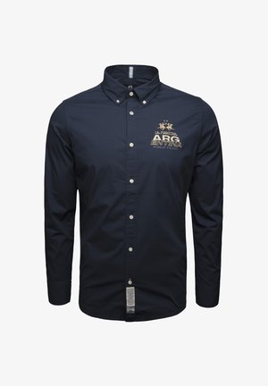 Marineblauwe button-down shirt van katoen, met een kraag, lange mouwen en een logo met tekst op de bovenste linkerkant.