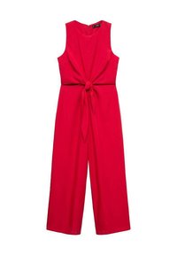 Red sleeveless jumpsuit with a tie accent at the waist, featuring wide-leg pants and a v-shaped back. Made of lightweight fabric.