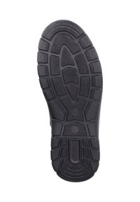 Suola di scarpa in gomma nera con un motivo di battistrada testurizzato, caratterizzato da scanalature profonde e un logo impresso. Design ergonomico per aderenza e durata.