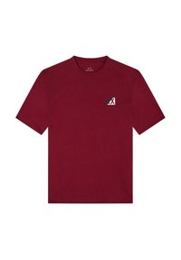 Bordeaux katoenen T-shirt, ronde hals, korte mouwen, met een klein logo in het wit en zwart op de linkerborst. Klassiek pasvorm ontwerp.