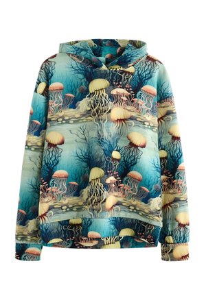 Hættetrøje med mønster af undervandsscene med forskellige vandmænd og koraller i blå, grønne, gule og lyserøde nuancer.