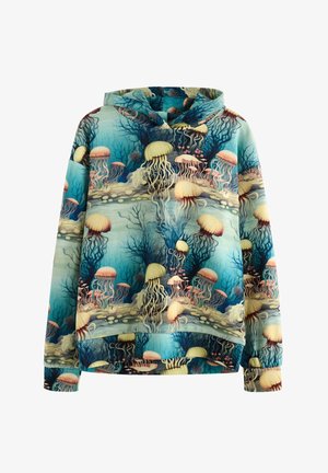 Bluza z kapturem z wzorem podwodnej sceny przedstawiającej różne meduzy i koralowce w niebieskich, zielonych, żółtych i różowych odcieniach.