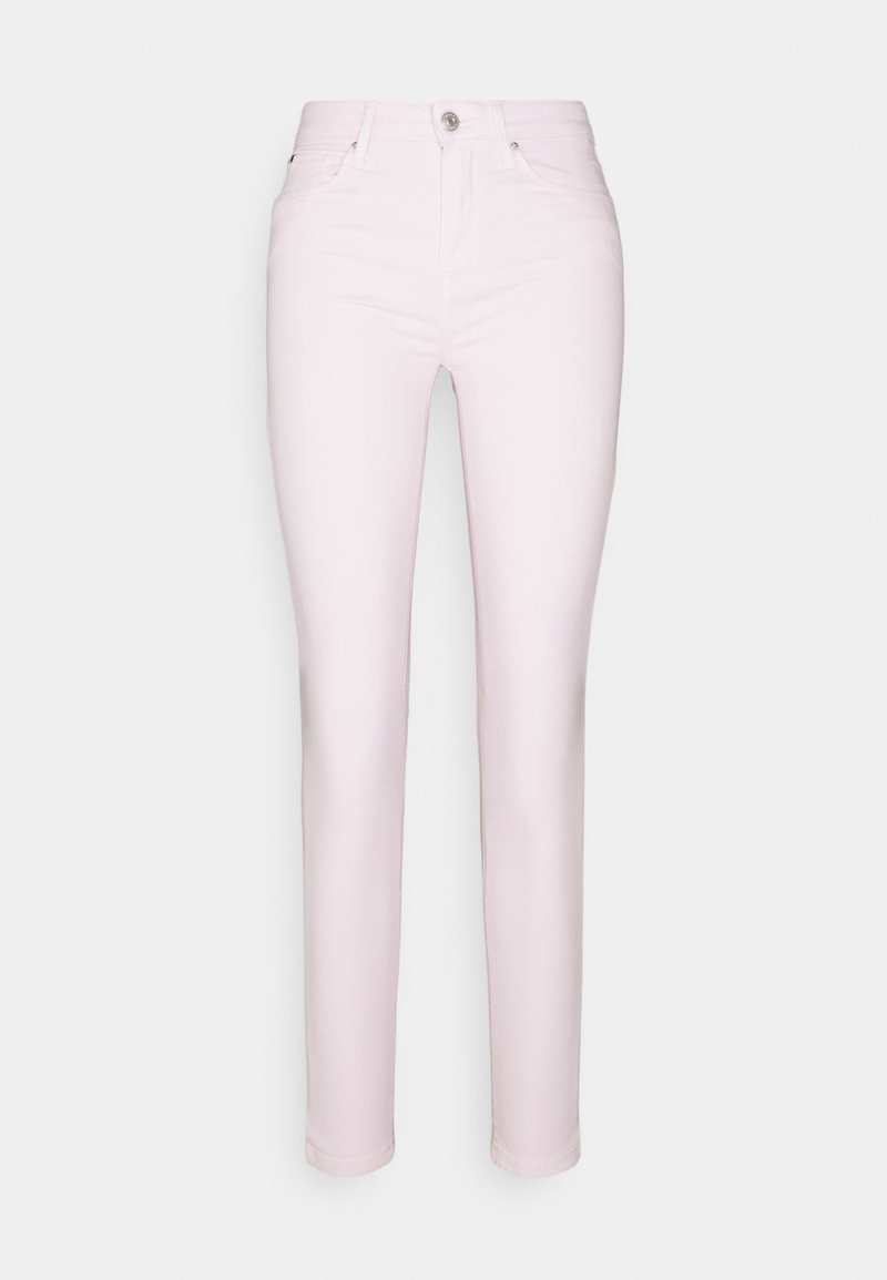 Ljust rosa skinny jeans gjorda av bomullsmaterial. Har en klassisk femfickdesign och en framknäppning.