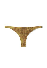 Thong underwear in earthy tones, featuring a textured fabric with a mottled pattern. Slim straps and a minimalistic design for coverage.