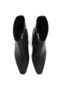 Ein Paar schwarze Leder-Stiefeletten mit seitlichen Reißverschlüssen, von oben auf einem weißen Hintergrund betrachtet.
