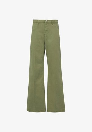 Pantalon vert olive taille haute à jambes larges, avec boutons à l'avant, passants pour ceinture et poches latérales, présenté sur fond blanc.