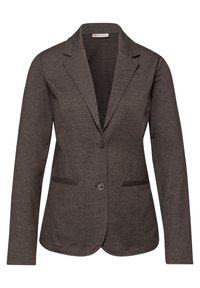 Blazer pour femme de couleur brun foncé avec revers crantés, fermeture à deux boutons et deux poches frontales horizontales.
