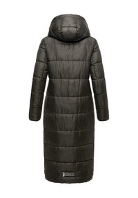 Long, hooded, black puffer coat with a quilted pattern, vertical seams, and a logo patch near the hem. Smooth, shiny fabric texture.