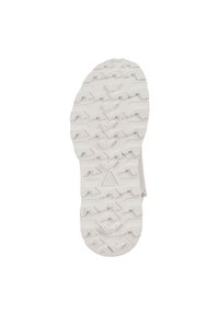 Lyst farvet skosål med dybe, geometriske mønstre. Har en struktureret overflade og et trekantet logo i midten.