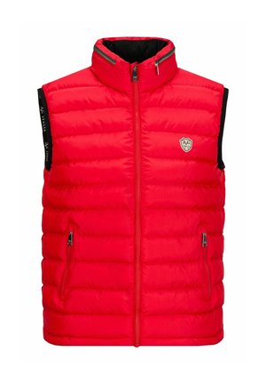 Red padded vest with a high collar, zippered front, and two side pockets. Black interior with branding accents on the shoulders.
