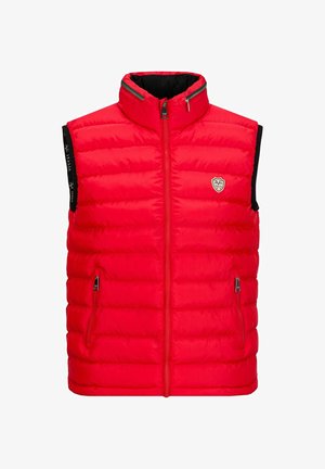 Rote gepolsterte Weste mit hohem Kragen, Reißverschluss vorne und zwei Seitentaschen. Schwarzes Innenfutter mit Branding-Details auf den Schultern.