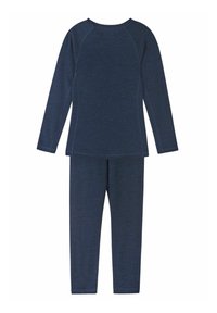 Navy long-sleeve top and matching leggings made of soft, textured fabric with contrasting stitching, designed for comfort and ease of movement.