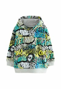 Bluza z kapturem z graffiti w kolorach czarnym, niebieskim i żółtym. Wykonana z miękkiego materiału, z grafiką czaszki i ściągaczami przy rękawach.