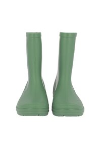 Pair of green rubber rain boots standing upright on a white background, facing forward.