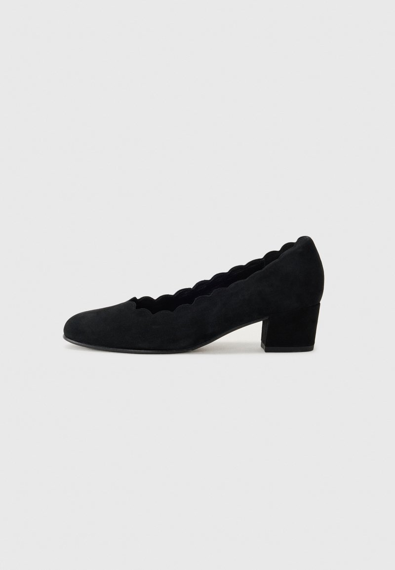 Black suede pump with a scalloped edge, rounded toe, and a chunky heel. Smooth texture with minimal detailing.