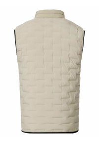 Leichter beigefarbener Puffer-Weste mit gestepptem Design, hohem Kragen und schwarzem Saum. Ärmellos und aus isolierendem Material gefertigt.