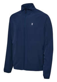 Marine windbreaker jacket met hoge kraag, rits aan de voorkant en elastische manchetten; beschikt over een wit logo op de borst en een gladde stofstructuur.