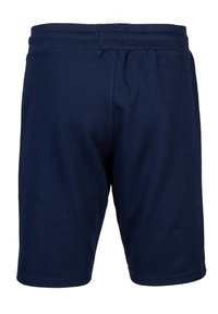 Navy blue cotton shorts with elastic waistband, knee-length, plain design, viewed from the back on white background.