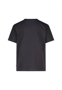 Schwarzes Baumwoll-T-Shirt mit rundem Halsausschnitt und kurzen Ärmeln. Glatte Textur, lässige Passform, und keine sichtbaren Logos oder Drucke auf der Rückseite.