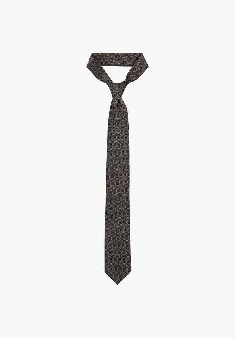 Ciemnobrązowy krawat z geometrycznym wzorem w jaśniejszym odcieniu. Materiał wydaje się gładki, ma klasyczny krój i zwężony koniec.