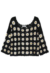 Zwarte gehaakte top met witte madeliefjes met gele kern, wijde mouwen en een diep uitgesneden halslijn. De afgeronde randjes versterken het ontwerp.