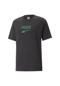 Zwarte katoenen t-shirt met korte mouwen, met een groen "PUMA" logo en accent. Ronde hals, normale pasvorm, gladde textuur, basic ontwerp.