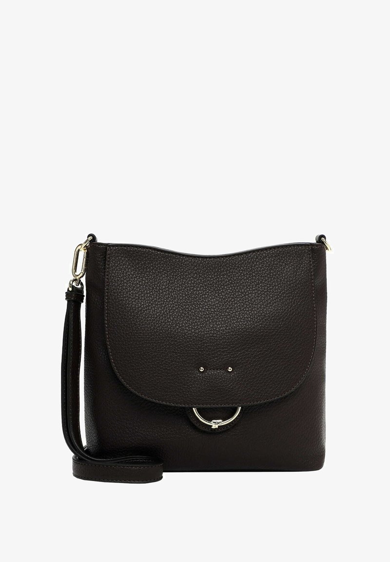 Borsa a spalla in pelle nera testurizzata con chiusura a molla, tracolla regolabile e piccolo dettaglio in anello argentato sul davanti.