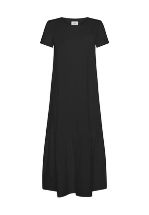 Abito nero a maniche corte con scollatura rotonda e orlo a strati che fluisce. Realizzato in un tessuto liscio con un design semplice.