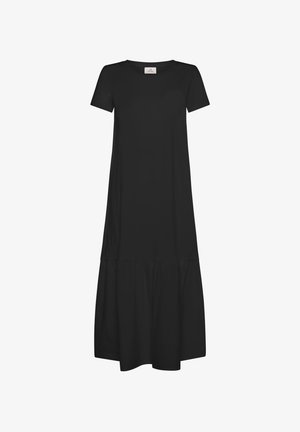 Abito nero a maniche corte con scollatura rotonda e orlo a strati che fluisce. Realizzato in un tessuto liscio con un design semplice.