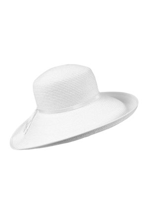 Wide-brimmed white straw hat with a smooth texture, featuring a matching ribbon around the crown and a structured, rounded top.