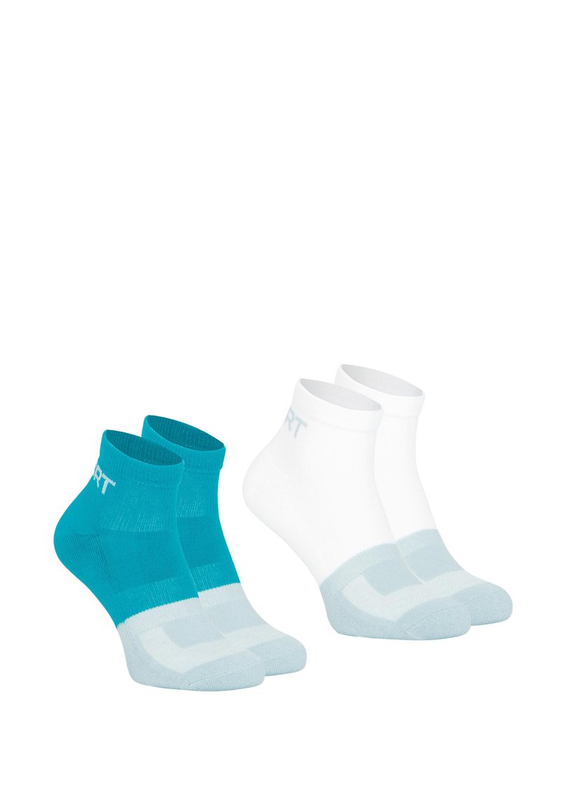Ensemble de deux paires de chaussettes de cheville : une paire en turquoise avec des accents bleu clair, et une autre en blanc avec des accents gris clair.
