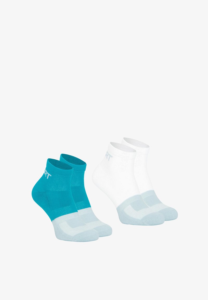 Ensemble de deux paires de chaussettes de cheville : une paire en turquoise avec des accents bleu clair, et une autre en blanc avec des accents gris clair.