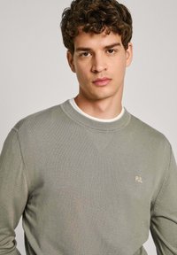 Sweat à capuche vert clair avec un motif texturé, col rond côtelé et petit logo doré "PJL" sur la poitrine. Tissu doux, coupe décontractée.