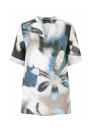 Short-sleeve blouse with rolled cuffs, V-notch collar, and abstract floral pattern in blue, beige, black, and white tones.