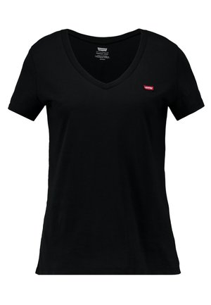 Black cotton V-neck t-shirt with short sleeves, featuring a small red Levi's logo on the left chest area and a smooth texture.