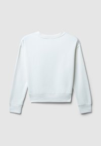 Felpa bianca a maniche lunghe con collo a giro, con polsini e orlo rinforzati, mostrata dal retro su uno sfondo grigio chiaro.