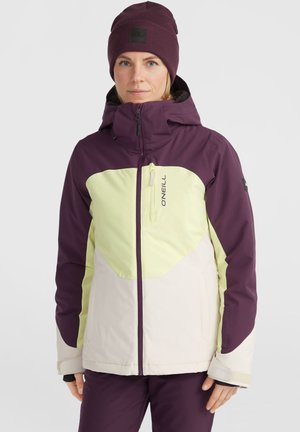 Skijacke in Lila, Limettengrün und Creme; mit Reißverschluss vorne, Kapuze und Seitentaschen; aus wetterfestem Material gefertigt.