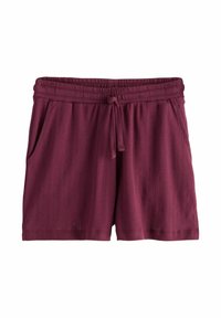 Shorts bordeaux con una vita elastica e cordino, dotati di tasche laterali e un motivo testurizzato a righe verticali.