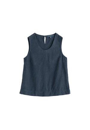 Temno modra lanena bluza brez rokavov z okroglim izrezom in majhnim gumbom na zadnji strani za zapenjanje, ohlapnega kroja.