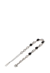 Hlavní náramek ve stříbrném tónu s alternativními černými slzovitými kameny a průhlednými obdélníkovými krystaly s designem řetězu a spona na langustu.