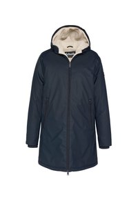 Dunkelblauder langer Wintermantel mit Frontreißverschluss, zwei Reißverschlusstaschen und einer Kapuze, die mit hellbeigem Fleece gefüttert ist.