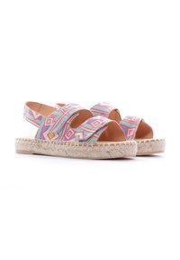 Sandalias de espadrille coloridas con punta abierta, que cuentan con un upper de lona estampada en rosa y turquesa, con una suela intermedia de yute trenzado y una tira trasera.